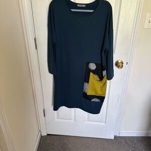 Relaxed Teal Dress with Contrast Pocket
